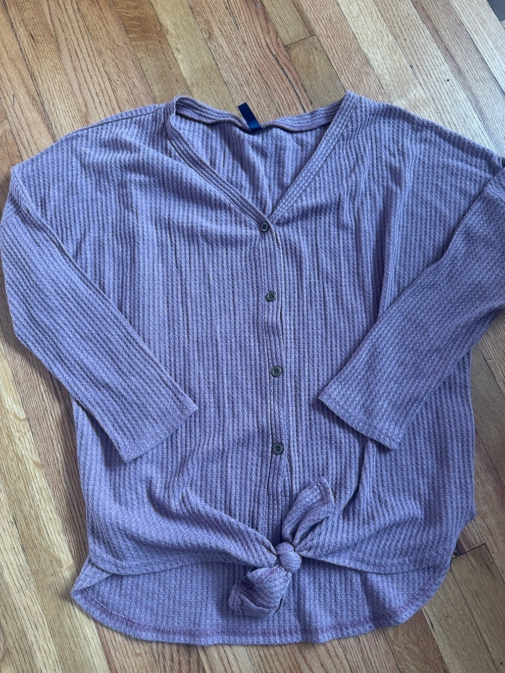 Mauve Button-Front Waffle Knit Top with Front Tie